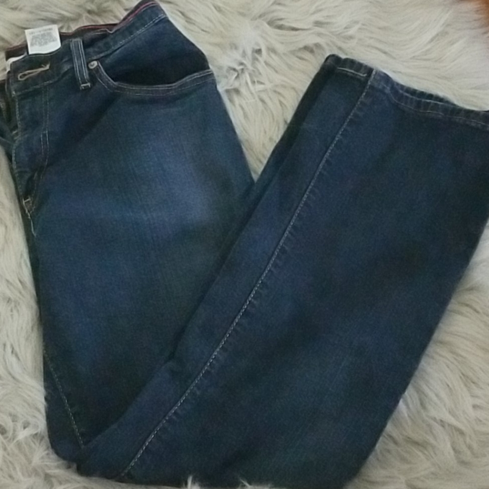Dark wash boot cut levies